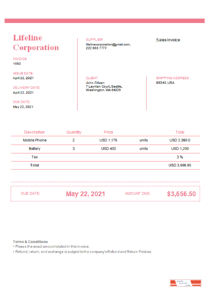 USA Lifeline Corporation invoice template in Word and PDF format, fully editable, version 2